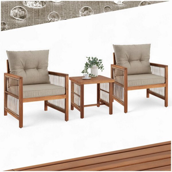 tectake Essgruppe Lounge-Set, wasserabweisende, abnehmbare Polyesterbezüge, (Sitzgruppe Eivissa, 3-tlg., Rope-Design in natur), Polsterdicke 10 cm, belastbar un