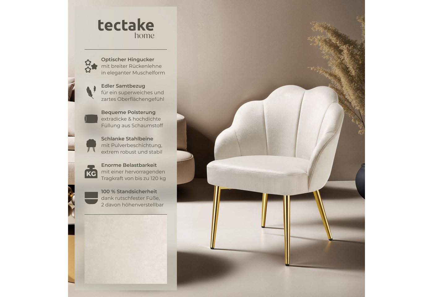 tectake Esszimmerstuhl Cocktailsessel gepolstert, mit Samtbezug, gewölbte, 66 x 62 x 80,5 (Wohnzimmersessel Hellen in creme/gold, 1 St), extrabreite Rückenlehne – Bild 2 von 5