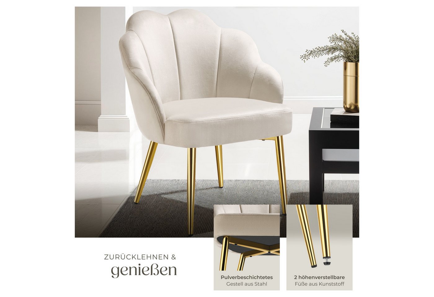 tectake Esszimmerstuhl Cocktailsessel gepolstert, mit Samtbezug, gewölbte, 66 x 62 x 80,5 (Wohnzimmersessel Hellen in creme/gold, 1 St), extrabreite Rückenlehne – Bild 3 von 5