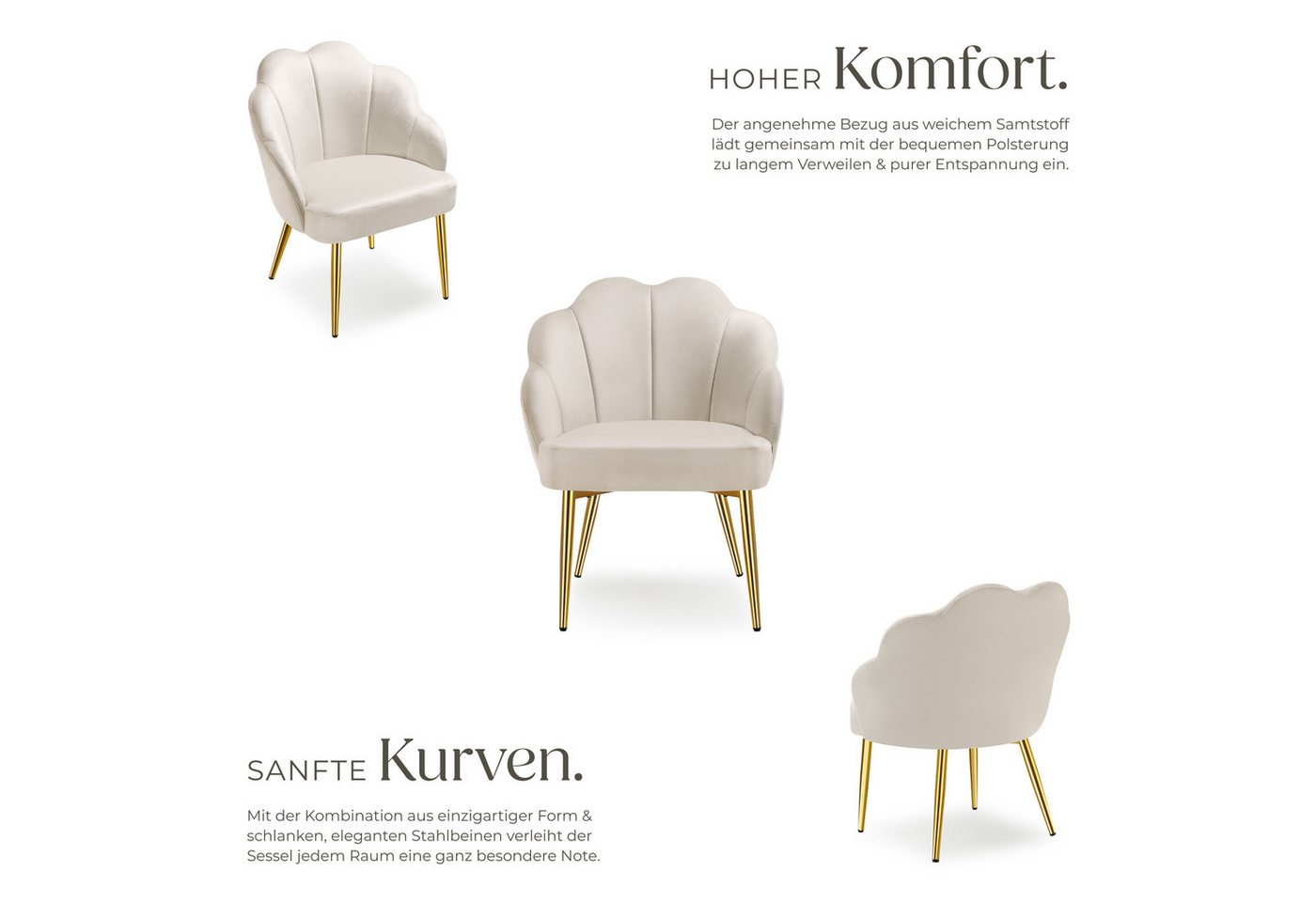 tectake Esszimmerstuhl Cocktailsessel gepolstert, mit Samtbezug, gewölbte, 66 x 62 x 80,5 (Wohnzimmersessel Hellen in creme/gold, 1 St), extrabreite Rückenlehne – Bild 4 von 5