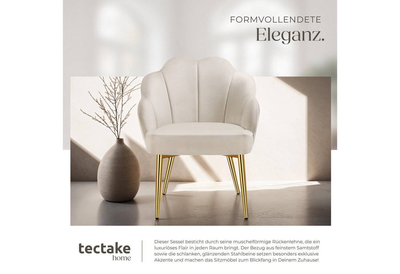 tectake Esszimmerstuhl Cocktailsessel gepolstert, mit Samtbezug, gewölbte, 66 x 62 x 80,5 (Wohnzimmersessel Hellen in creme/gold, 1 St), extrabreite Rückenlehne – Bild 5 von 5