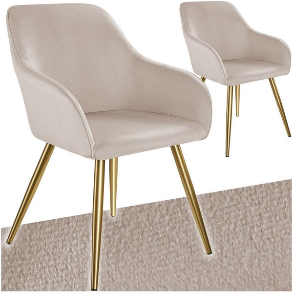 tectake Esszimmerstuhl Küchenstuhl gepolstert, in Leinenoptik, 58 x 62 x 82 cm (Polsterstuhl Marilyn in taupe/gold, 2 St), durchgehende Lehne, schwarze Stahlbei