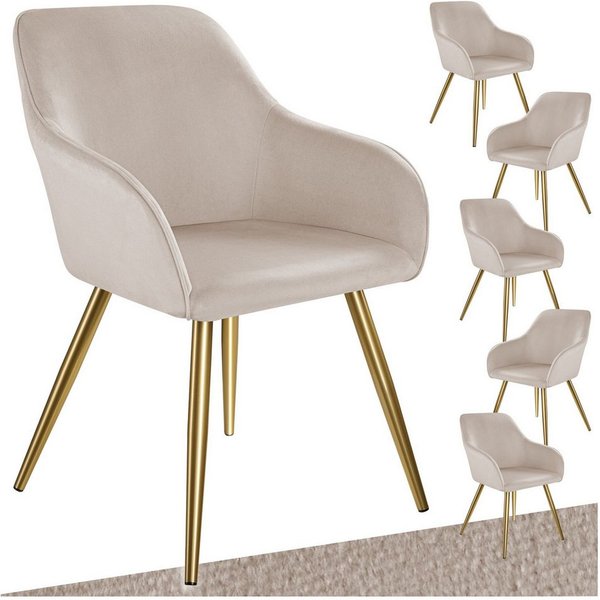 tectake Esszimmerstuhl Küchenstuhl gepolstert, in Leinenoptik, 58 x 62 x 82 cm (Polsterstuhl Marilyn in taupe/gold, 6 St), durchgehende Lehne, schwarze Stahlbei