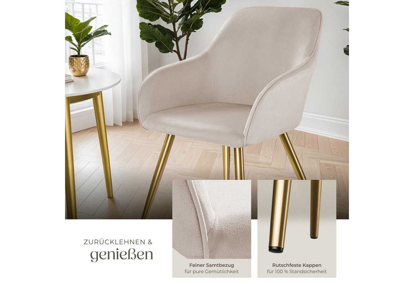 tectake Esszimmerstuhl Küchenstuhl gepolstert, in Leinenoptik, 58 x 62 x 82 cm (Polsterstuhl Marilyn in taupe/gold, 6 St), durchgehende Lehne, schwarze Stahlbei – Bild 4 von 5