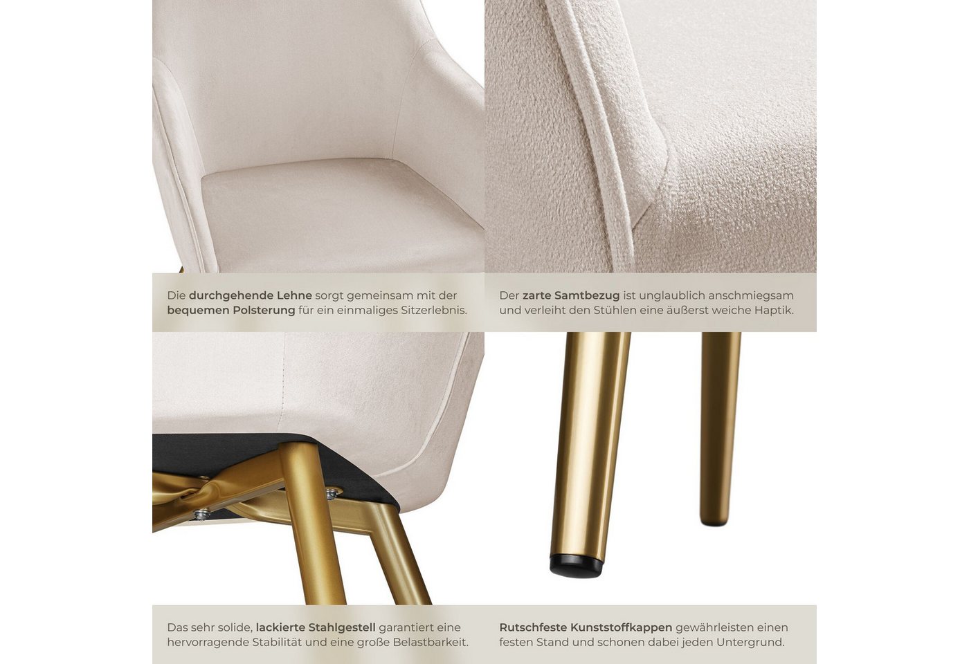 tectake Esszimmerstuhl Küchenstuhl gepolstert, in Leinenoptik, 58 x 62 x 82 cm (Polsterstuhl Marilyn in taupe/gold, 6 St), durchgehende Lehne, schwarze Stahlbei – Bild 5 von 5
