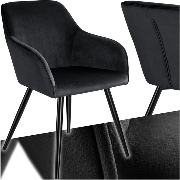 tectake Esszimmerstuhl Küchenstuhl gepolstert, in Samtoptik, 58 x 62 x 82 cm (Wohnzimmerstuhl Marilyn in schwarz, 1 St), durchgehende Lehne, schwarze Stahlbeine