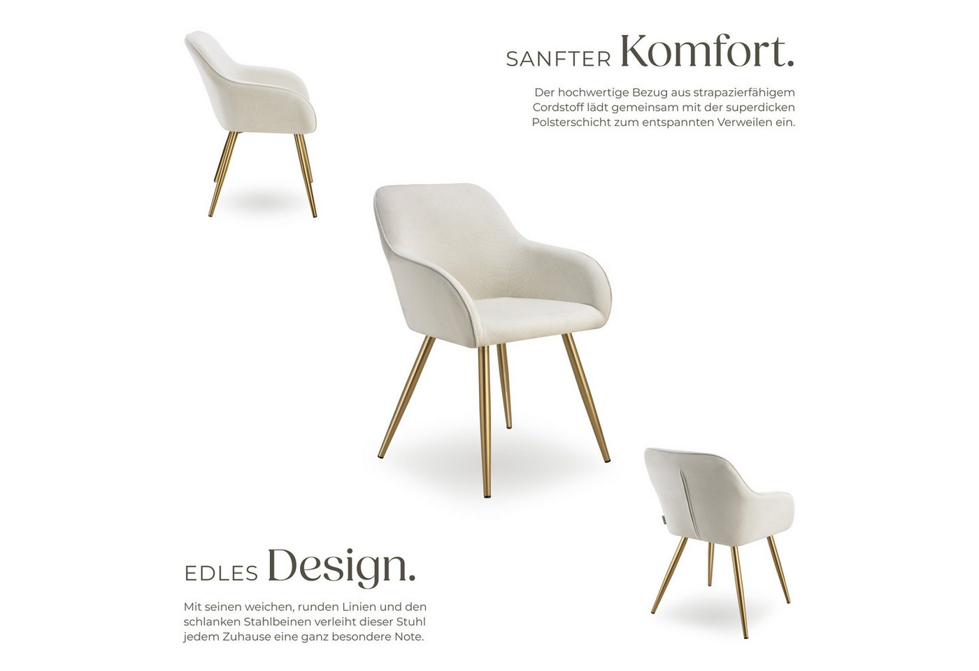 tectake Esszimmerstuhl Küchenstuhl gepolstert, in Cordoptik, 58 x 62 x 82 cm (Wohnzimmerstuhl Marilyn in creme/gold, 1 St), durchgehende Lehne, Stahlbeine, bode – Bild 3 von 5