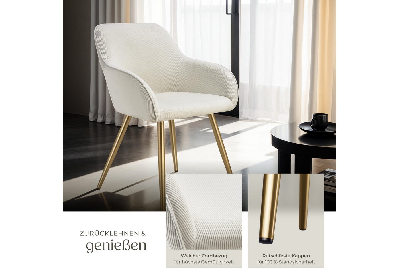 tectake Esszimmerstuhl Küchenstuhl gepolstert, in Cordoptik, 58 x 62 x 82 cm (Wohnzimmerstuhl Marilyn in creme/gold, 1 St), durchgehende Lehne, Stahlbeine, bode – Bild 4 von 5