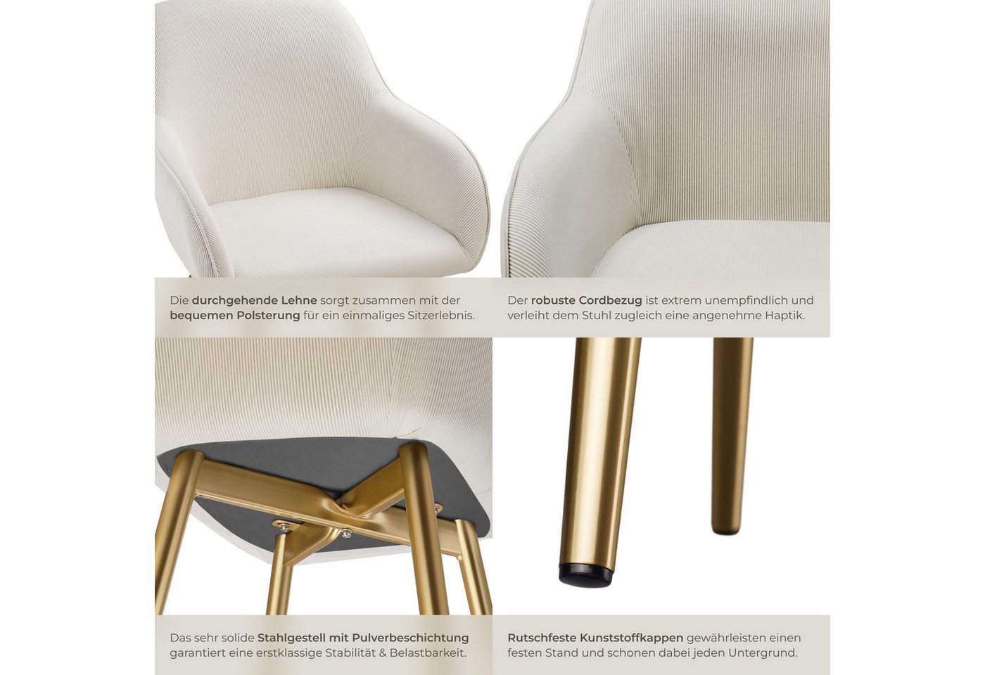 tectake Esszimmerstuhl Küchenstuhl gepolstert, in Cordoptik, 58 x 62 x 82 cm (Wohnzimmerstuhl Marilyn in creme/gold, 1 St), durchgehende Lehne, Stahlbeine, bode – Bild 5 von 5
