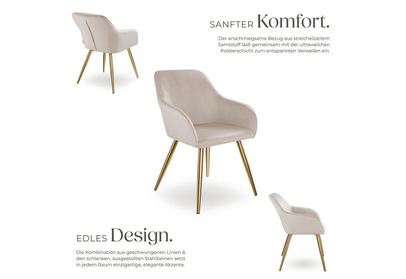 tectake Esszimmerstuhl Küchenstuhl gepolstert, in Leinenoptik, 58 x 62 x 82 cm (Polsterstuhl Marilyn in taupe/gold, 4 St), durchgehende Lehne, schwarze Stahlbei – Bild 3 von 5