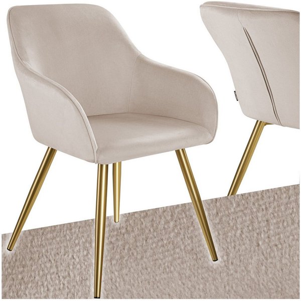 tectake Esszimmerstuhl Küchenstuhl gepolstert, in Leinenoptik, 58 x 62 x 82 cm (Polsterstuhl Marilyn in taupe/gold, 1 St), durchgehende Lehne, schwarze Stahlbei