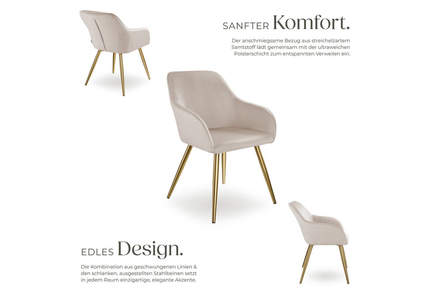 tectake Esszimmerstuhl Küchenstuhl gepolstert, in Leinenoptik, 58 x 62 x 82 cm (Polsterstuhl Marilyn in taupe/gold, 1 St), durchgehende Lehne, schwarze Stahlbei – Bild 3 von 5