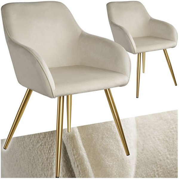 tectake Esszimmerstuhl Küchenstuhl gepolstert, in Samtoptik, 58 x 62 x 82 cm (Wohnzimmerstuhl Marilyn in creme/gold, 2 St), durchgehende Lehne, goldene Stahlbei