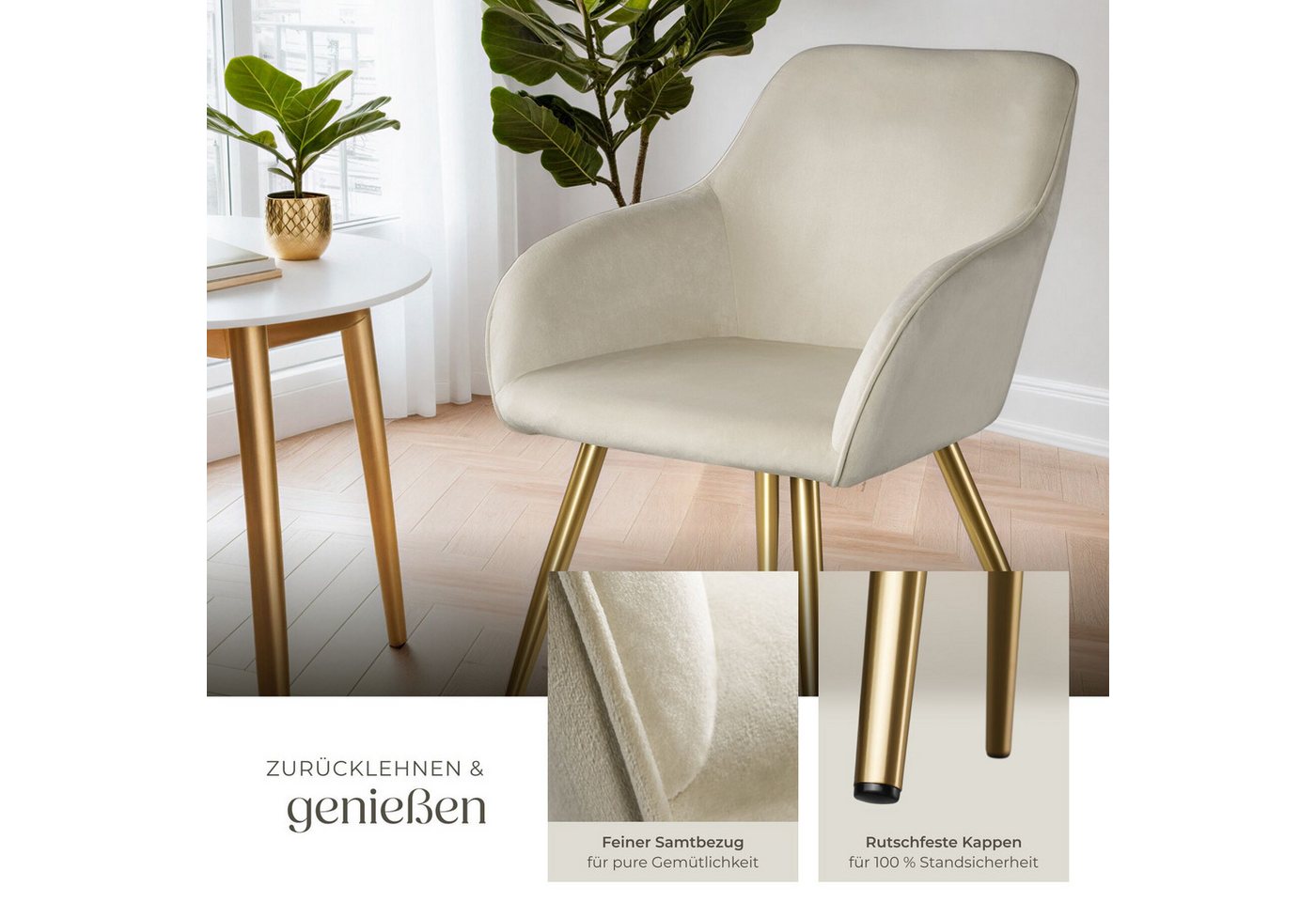 tectake Esszimmerstuhl Küchenstuhl gepolstert, in Samtoptik, 58 x 62 x 82 cm (Wohnzimmerstuhl Marilyn in creme/gold, 2 St), durchgehende Lehne, goldene Stahlbei – Bild 4 von 5
