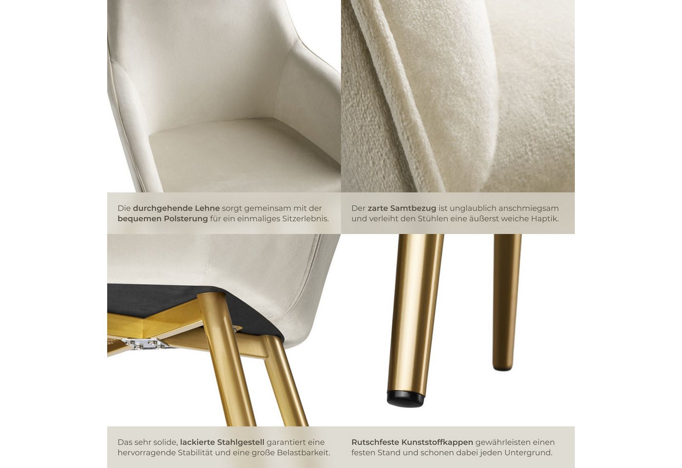tectake Esszimmerstuhl Küchenstuhl gepolstert, in Samtoptik, 58 x 62 x 82 cm (Wohnzimmerstuhl Marilyn in creme/gold, 2 St), durchgehende Lehne, goldene Stahlbei – Bild 5 von 5