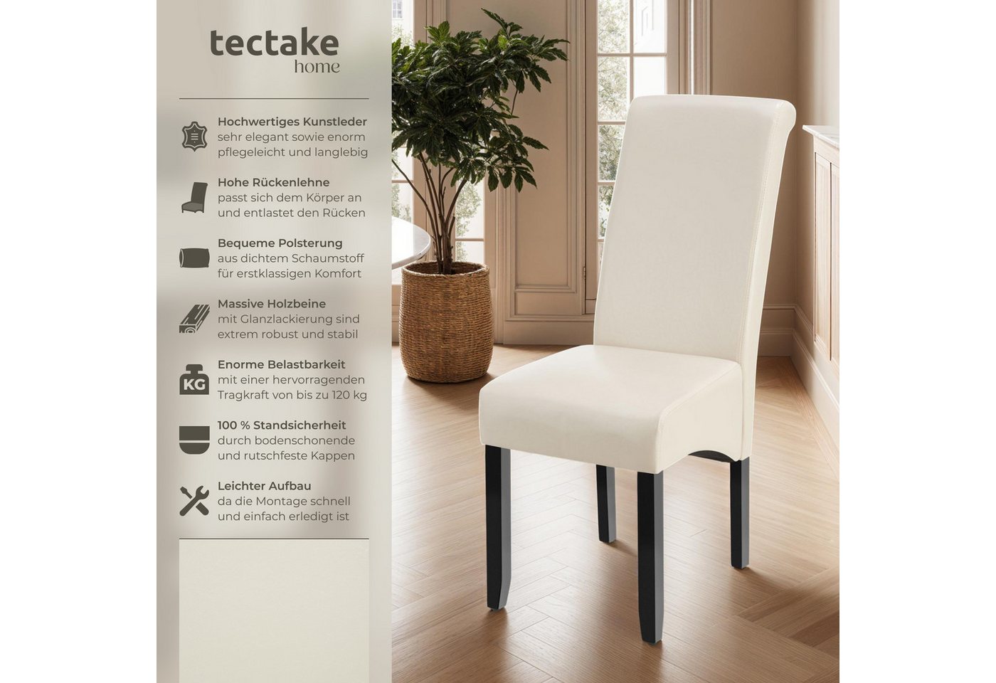 tectake Esszimmerstuhl Küchenstuhl gepolstert mit Kunstlederbezug, 44 x 63 x 106 cm (Wohnzimmerstuhl in creme, 6 St), hohe Rückenlehne, massive Holzbeine, boden – Bild 2 von 5