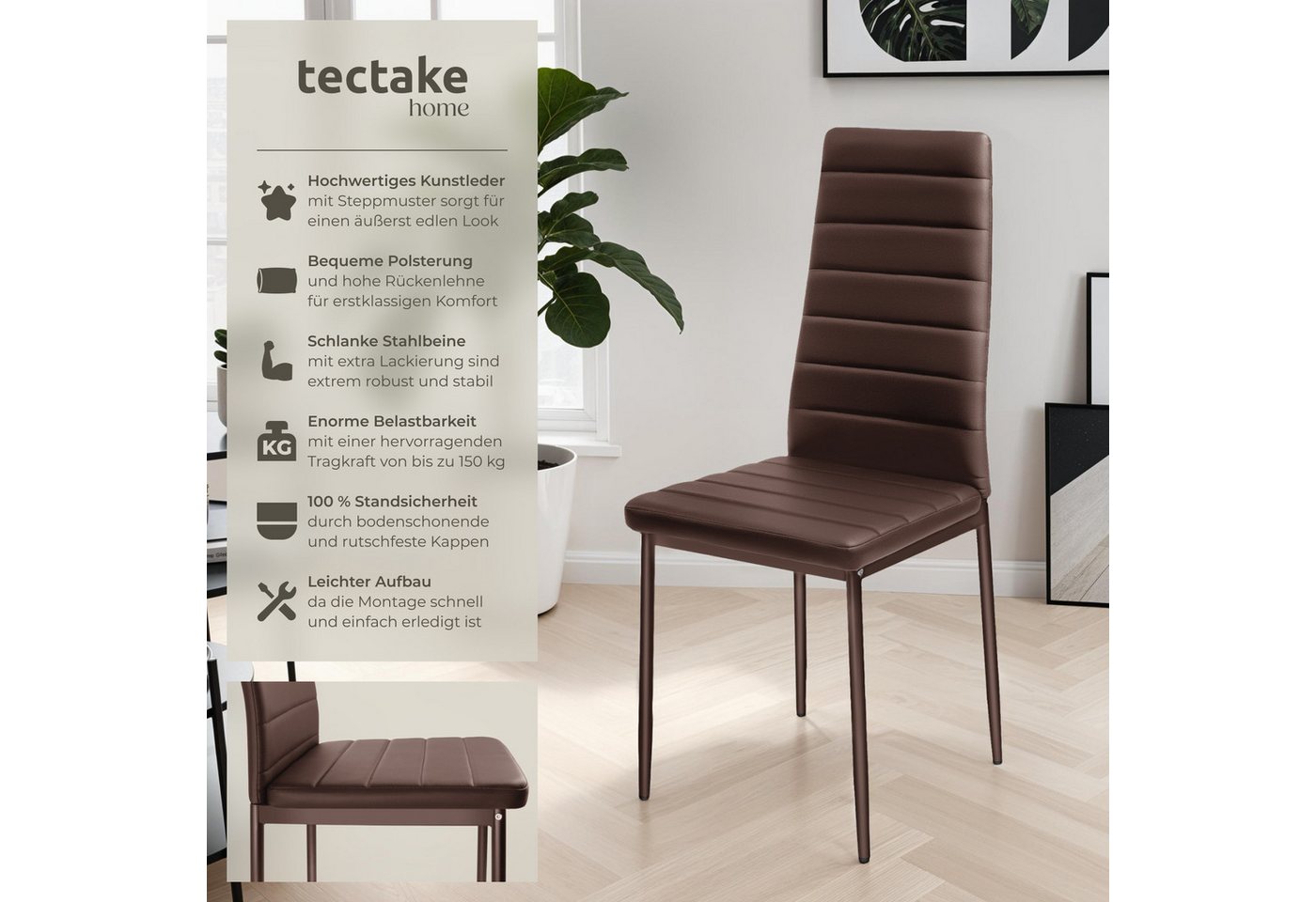 tectake Esszimmerstuhl Küchenstuhl gepolstert mit Kunstlederbezug, 45 x 48 x 98,5 cm (Armlehnstuhl Thomas in cappuccino, 6 St), hohe Rückenlehne, massive Holzbe – Bild 2 von 5