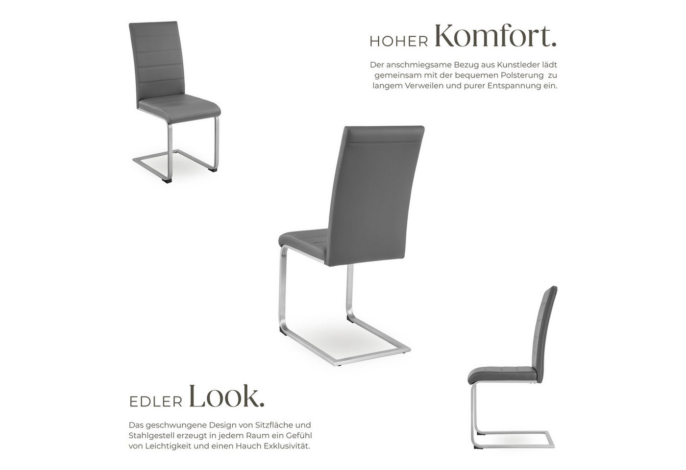 tectake Esszimmerstuhl Küchenstuhl gepolstert mit Kunstlederbezug, 41 x 52 x 99 cm (Schwingstuhl Bettina in grau, 2 St), hohe Rückenlehne, Stahlgestell, bodensc – Bild 3 von 5