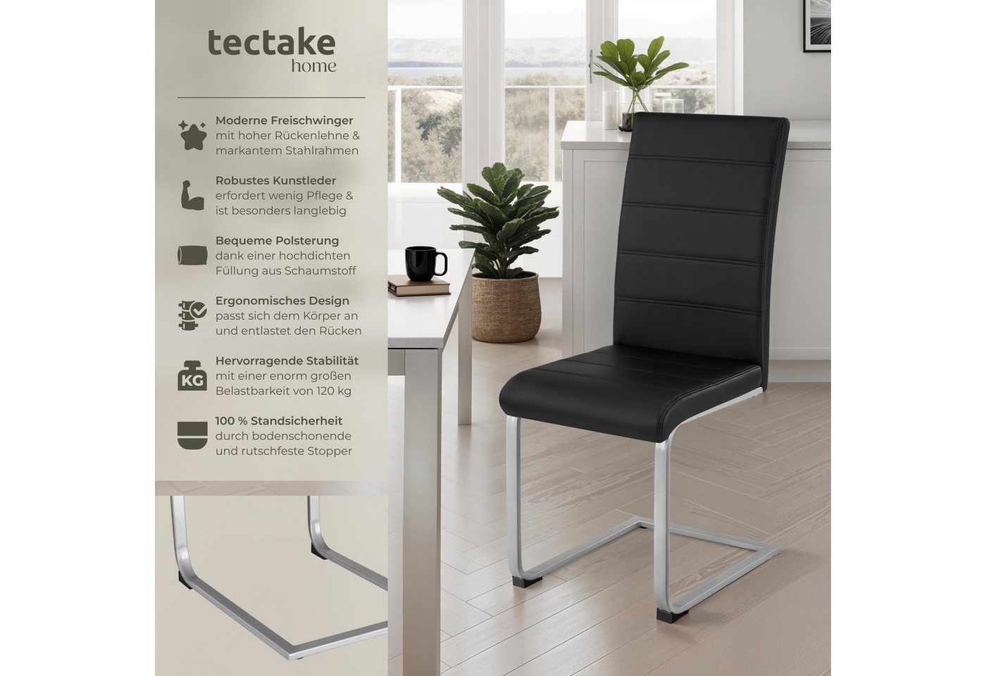 tectake Esszimmerstuhl Küchenstuhl gepolstert mit Kunstlederbezug, 41 x 52 x 99 cm (Schwingstuhl Bettina in schwarz, 4 St), hohe Rückenlehne, Stahlgestell, bode – Bild 2 von 5