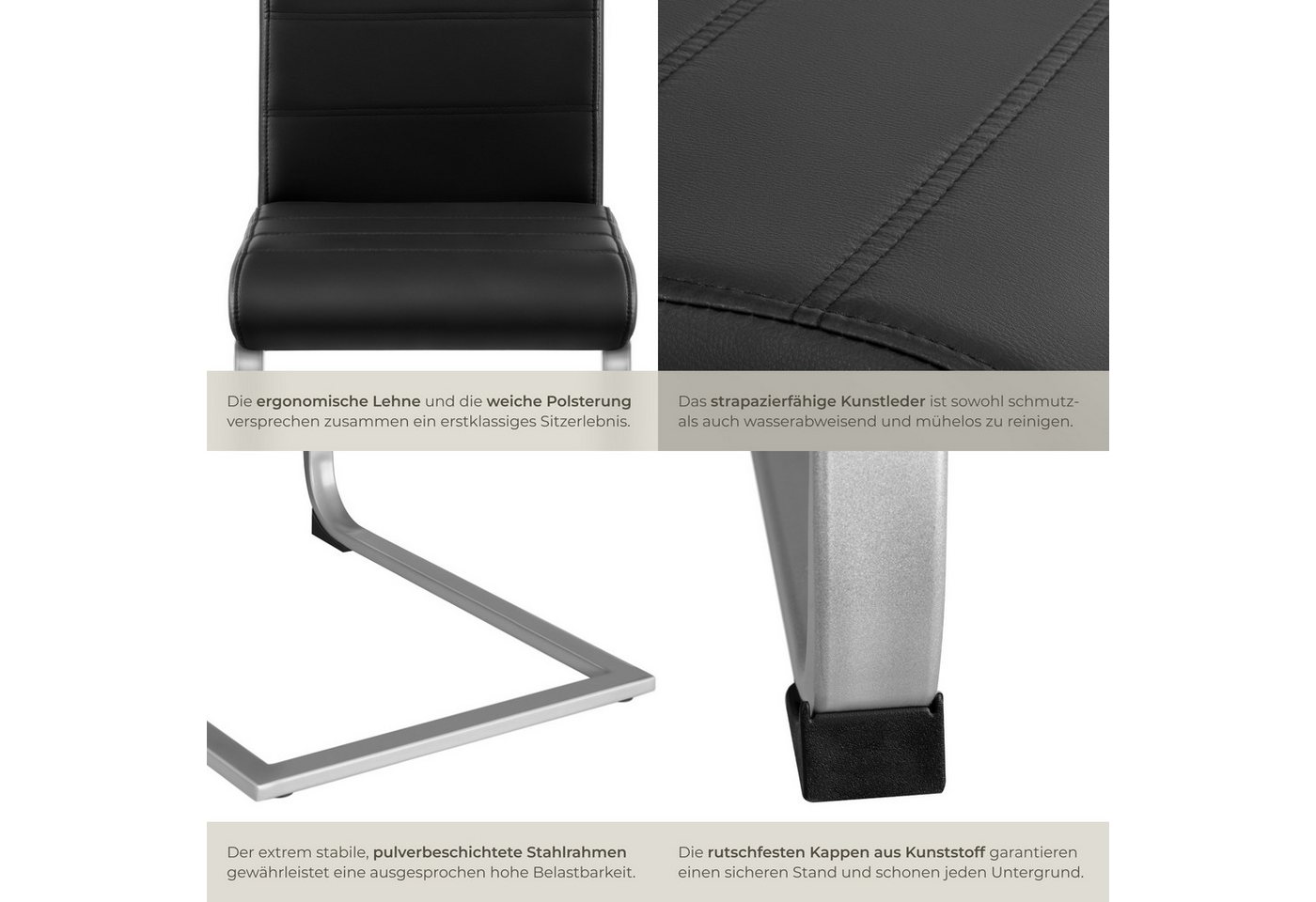 tectake Esszimmerstuhl Küchenstuhl gepolstert mit Kunstlederbezug, 41 x 52 x 99 cm (Schwingstuhl Bettina in schwarz, 4 St), hohe Rückenlehne, Stahlgestell, bode – Bild 5 von 5