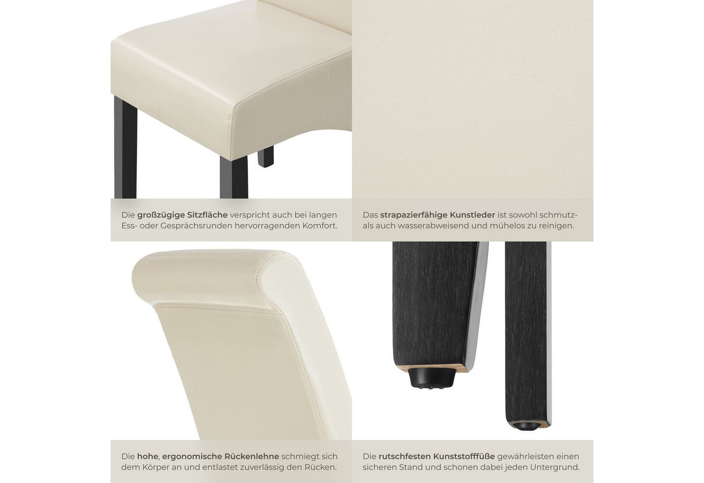 tectake Esszimmerstuhl Küchenstuhl gepolstert mit Kunstlederbezug, 44 x 63 x 106 cm (Wohnzimmerstuhl in creme, 2 St), hohe Rückenlehne, massive Holzbeine, boden – Bild 5 von 5