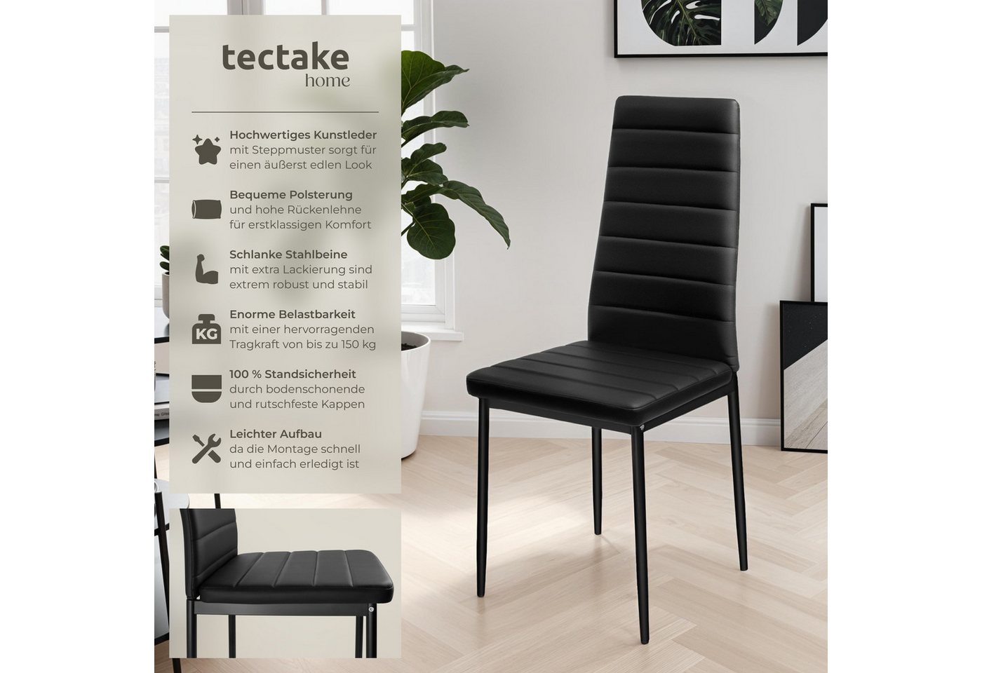 tectake Esszimmerstuhl Küchenstuhl gepolstert mit Kunstlederbezug, 45 x 48 x 98,5 cm (Wohnzimmerstuhl Thomas in schwarz, 8 St), hohe Rückenlehne, schlanke Stahl – Bild 2 von 5