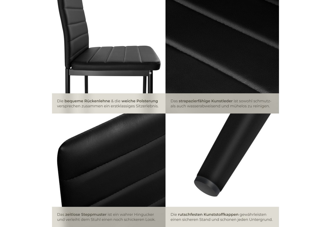 tectake Esszimmerstuhl Küchenstuhl gepolstert mit Kunstlederbezug, 45 x 48 x 98,5 cm (Wohnzimmerstuhl Thomas in schwarz, 8 St), hohe Rückenlehne, schlanke Stahl – Bild 4 von 5