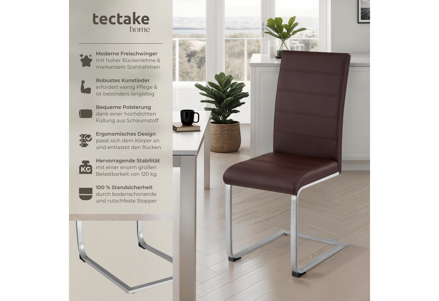 tectake Esszimmerstuhl Küchenstuhl gepolstert mit Kunstlederbezug, 41 x 52 x 99 cm (Schwingstuhl Bettina in braun, 2 St), hohe Rückenlehne, Stahlgestell, bodens – Bild 2 von 5