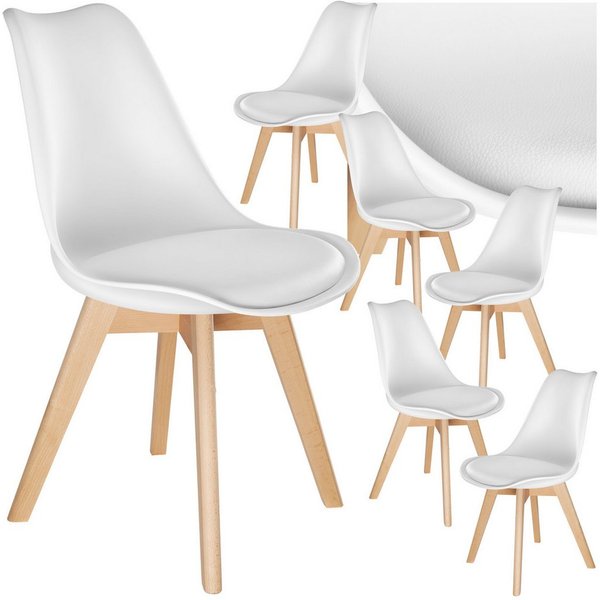 tectake Esszimmerstuhl Küchenstuhl Scandi-Design, gepolsterte Sitzfläche, 49 x 53 x 82 cm (Polsterstuhl Frederikke in weiß, 6 St), ergonomische Form, massive Ho