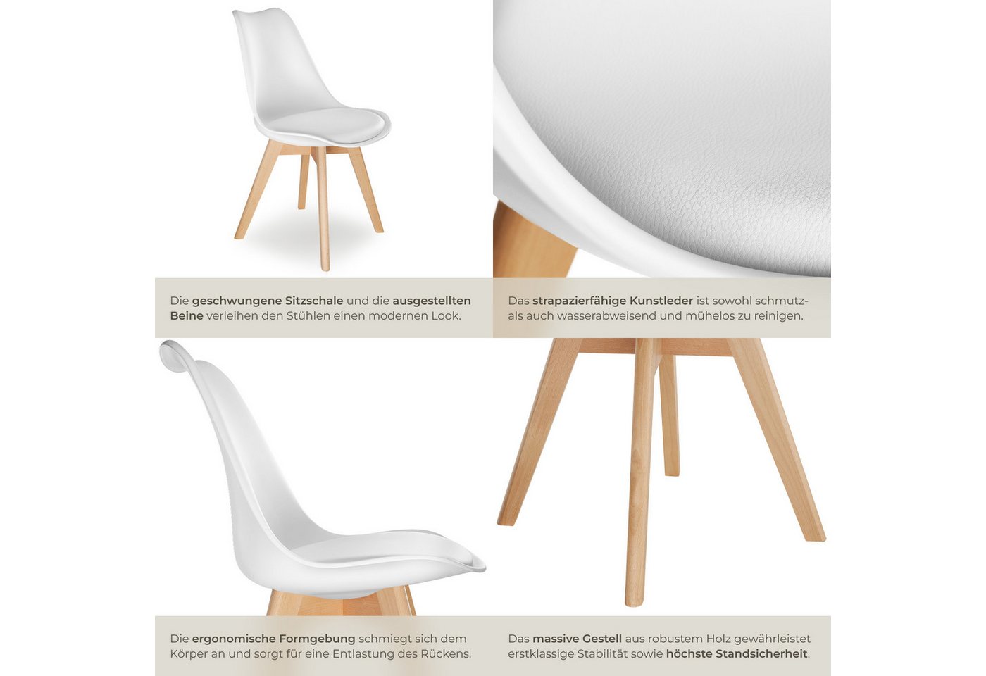 tectake Esszimmerstuhl Küchenstuhl Scandi-Design, gepolsterte Sitzfläche, 49 x 53 x 82 cm (Polsterstuhl Frederikke in weiß, 6 St), ergonomische Form, massive Ho – Bild 5 von 5