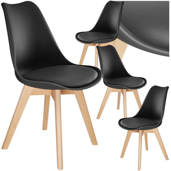 tectake Esszimmerstuhl Küchenstuhl Scandi-Design, gepolsterte Sitzfläche, 49 x 53 x 82 cm (Polsterstuhl Frederikke in schwarz, 4 St), ergonomische Form, massive