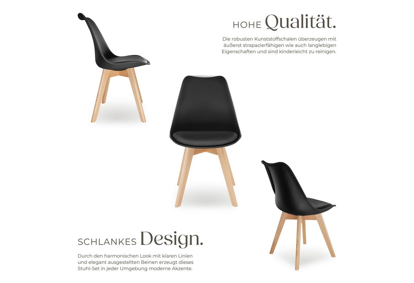 tectake Esszimmerstuhl Küchenstuhl Scandi-Design, gepolsterte Sitzfläche, 49 x 53 x 82 cm (Polsterstuhl Frederikke in schwarz, 4 St), ergonomische Form, massive – Bild 3 von 5