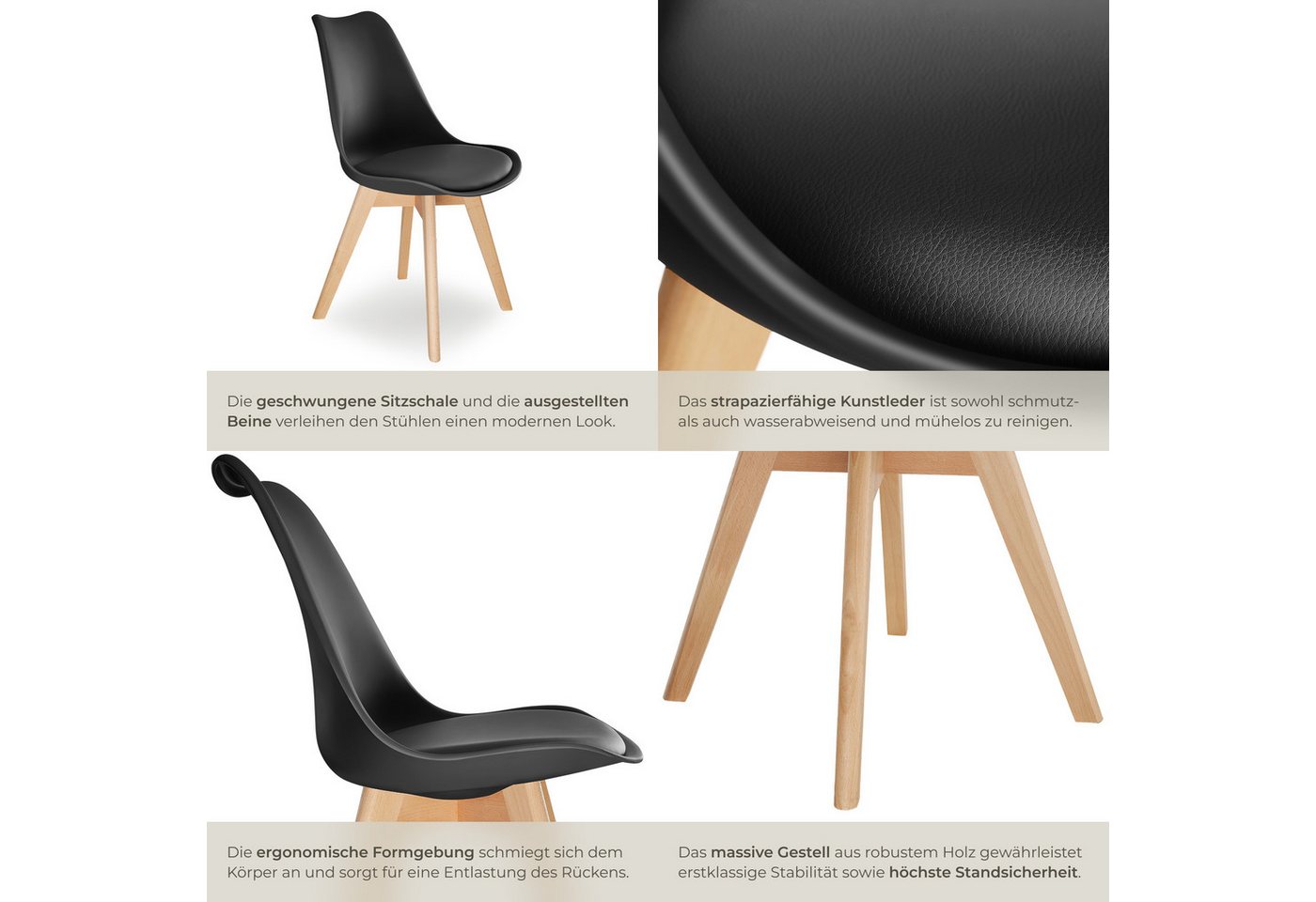 tectake Esszimmerstuhl Küchenstuhl Scandi-Design, gepolsterte Sitzfläche, 49 x 53 x 82 cm (Polsterstuhl Frederikke in schwarz, 4 St), ergonomische Form, massive – Bild 5 von 5