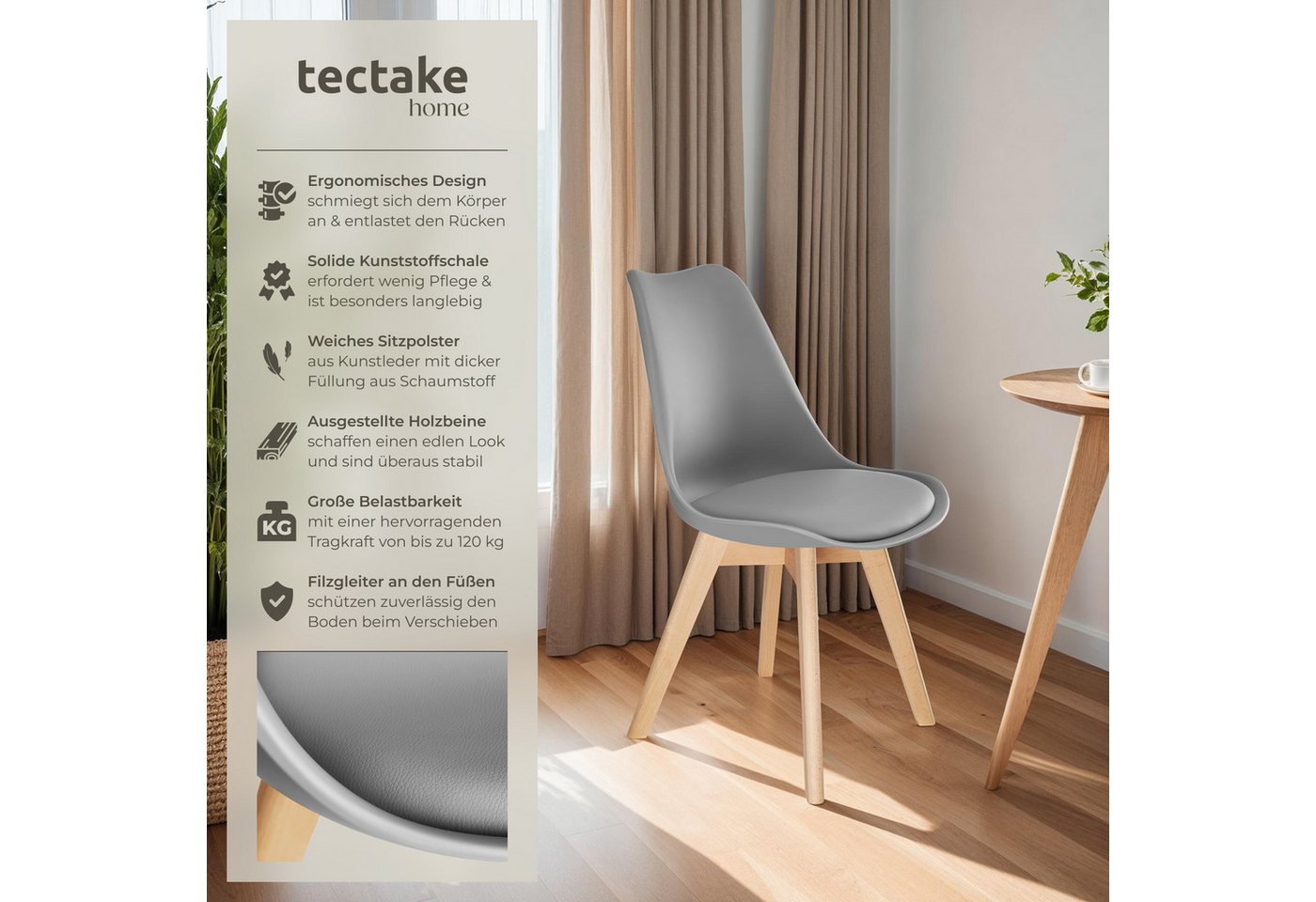 tectake Esszimmerstuhl Küchenstuhl Scandi-Design, gepolsterte Sitzfläche, 49 x 53 x 82 cm (Polsterstuhl Frederikke in grau, 2 St), ergonomische Form, massive Ho – Bild 2 von 5