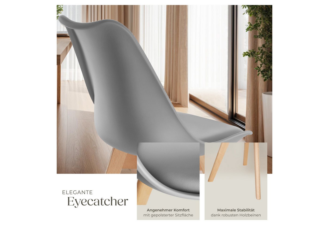 tectake Esszimmerstuhl Küchenstuhl Scandi-Design, gepolsterte Sitzfläche, 49 x 53 x 82 cm (Polsterstuhl Frederikke in grau, 2 St), ergonomische Form, massive Ho – Bild 4 von 5