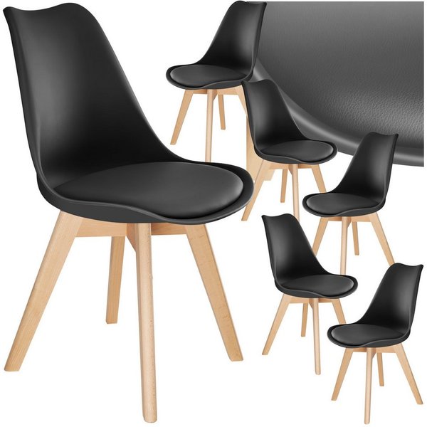 tectake Esszimmerstuhl Küchenstuhl Scandi-Design, gepolsterte Sitzfläche, 49 x 53 x 82 cm (Polsterstuhl Frederikke in schwarz, 6 St), ergonomische Form, massive