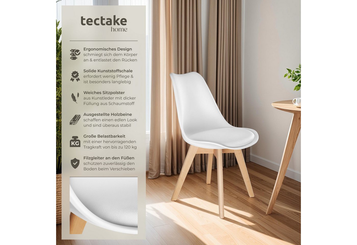 tectake Esszimmerstuhl Küchenstuhl Scandi-Design, gepolsterte Sitzfläche, 49 x 53 x 82 cm (Polsterstuhl Frederikke in weiß, 2 St), ergonomische Form, massive Ho – Bild 2 von 5
