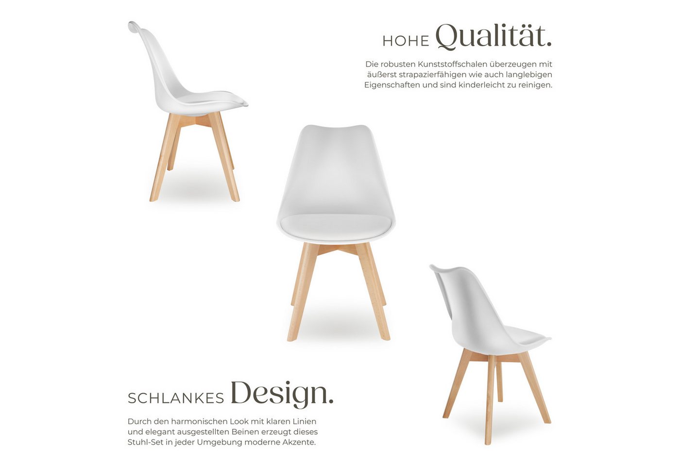 tectake Esszimmerstuhl Küchenstuhl Scandi-Design, gepolsterte Sitzfläche, 49 x 53 x 82 cm (Polsterstuhl Frederikke in weiß, 2 St), ergonomische Form, massive Ho – Bild 3 von 5