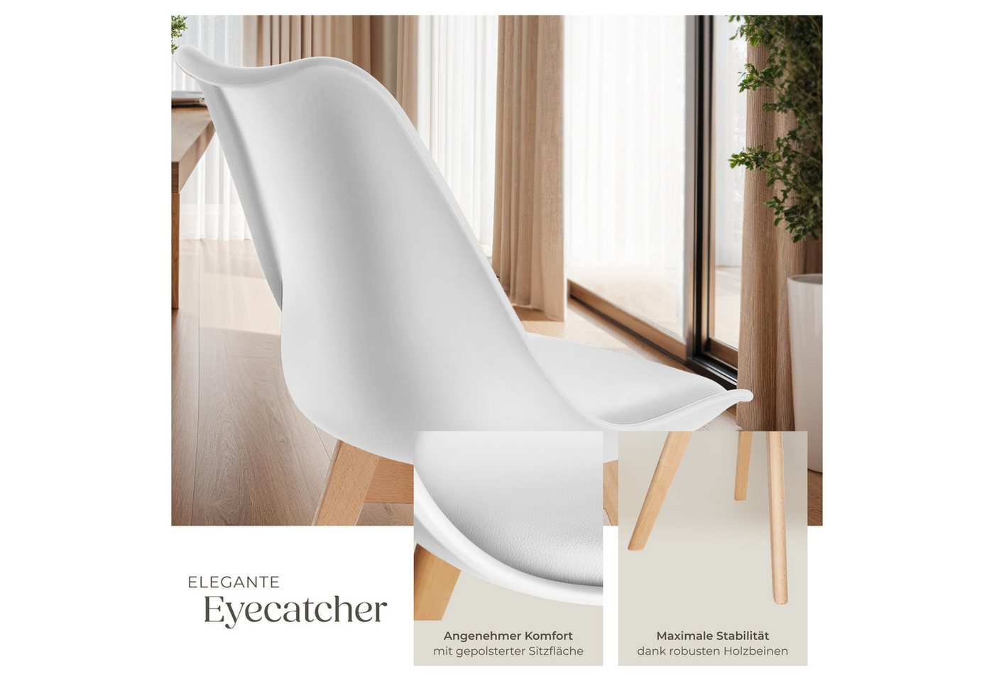 tectake Esszimmerstuhl Küchenstuhl Scandi-Design, gepolsterte Sitzfläche, 49 x 53 x 82 cm (Polsterstuhl Frederikke in weiß, 2 St), ergonomische Form, massive Ho – Bild 4 von 5