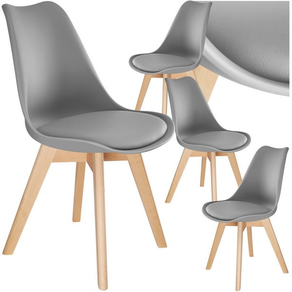 tectake Esszimmerstuhl Küchenstuhl Scandi-Design, gepolsterte Sitzfläche, 49 x 53 x 82 cm (Polsterstuhl Frederikke in grau, 4 St), ergonomische Form, massive Ho