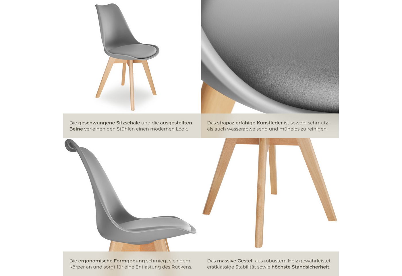 tectake Esszimmerstuhl Küchenstuhl Scandi-Design, gepolsterte Sitzfläche, 49 x 53 x 82 cm (Polsterstuhl Frederikke in grau, 4 St), ergonomische Form, massive Ho – Bild 5 von 5