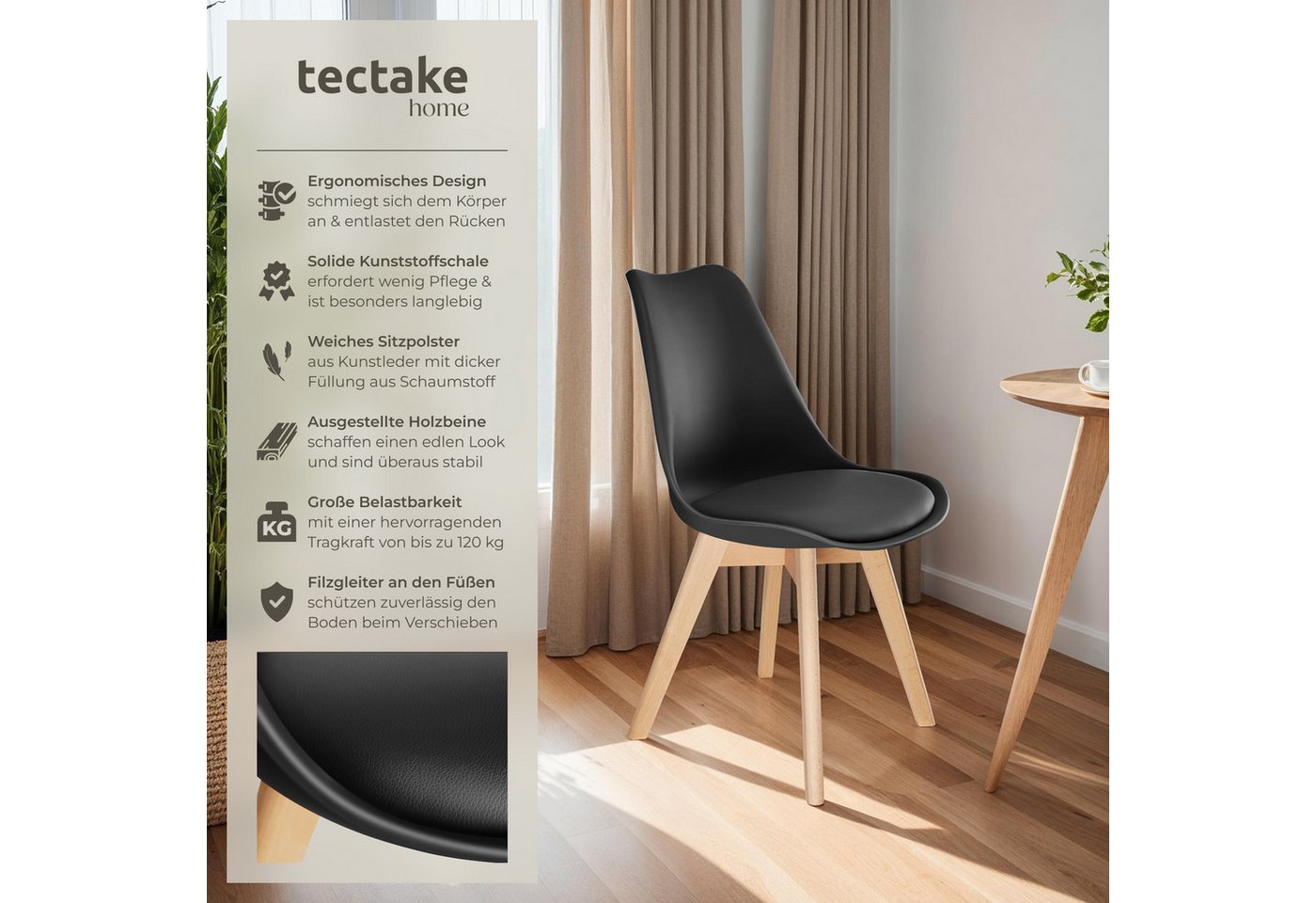 tectake Esszimmerstuhl Küchenstuhl Scandi-Design, gepolsterte Sitzfläche, 49 x 53 x 82 cm (Polsterstuhl Frederikke in schwarz, 2 St), ergonomische Form, massive – Bild 2 von 5