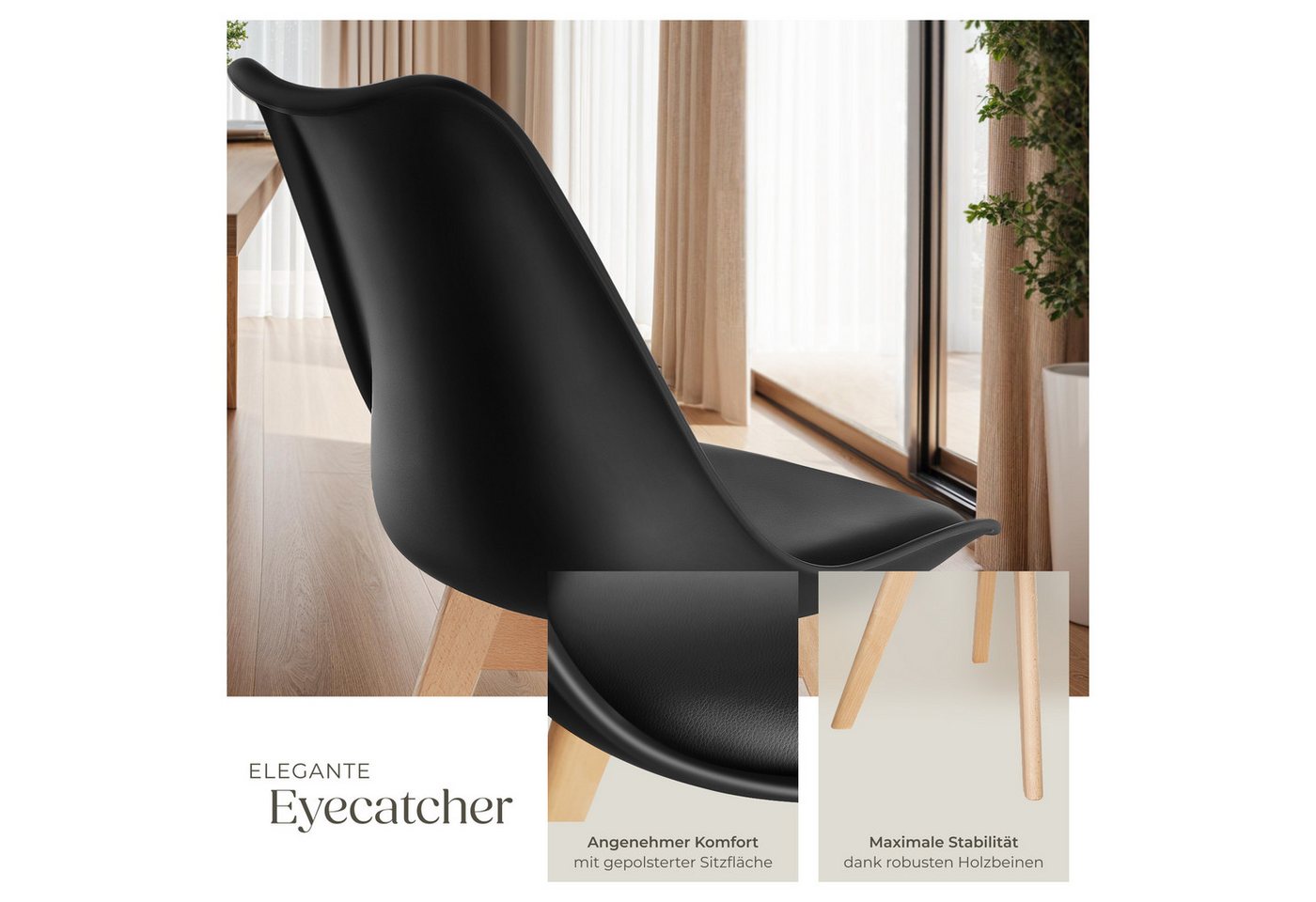 tectake Esszimmerstuhl Küchenstuhl Scandi-Design, gepolsterte Sitzfläche, 49 x 53 x 82 cm (Polsterstuhl Frederikke in schwarz, 2 St), ergonomische Form, massive – Bild 4 von 5