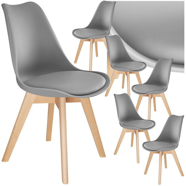 tectake Esszimmerstuhl Küchenstuhl Scandi-Design, gepolsterte Sitzfläche, 49 x 53 x 82 cm (Polsterstuhl Frederikke in grau, 6 St), ergonomische Form, massive Ho