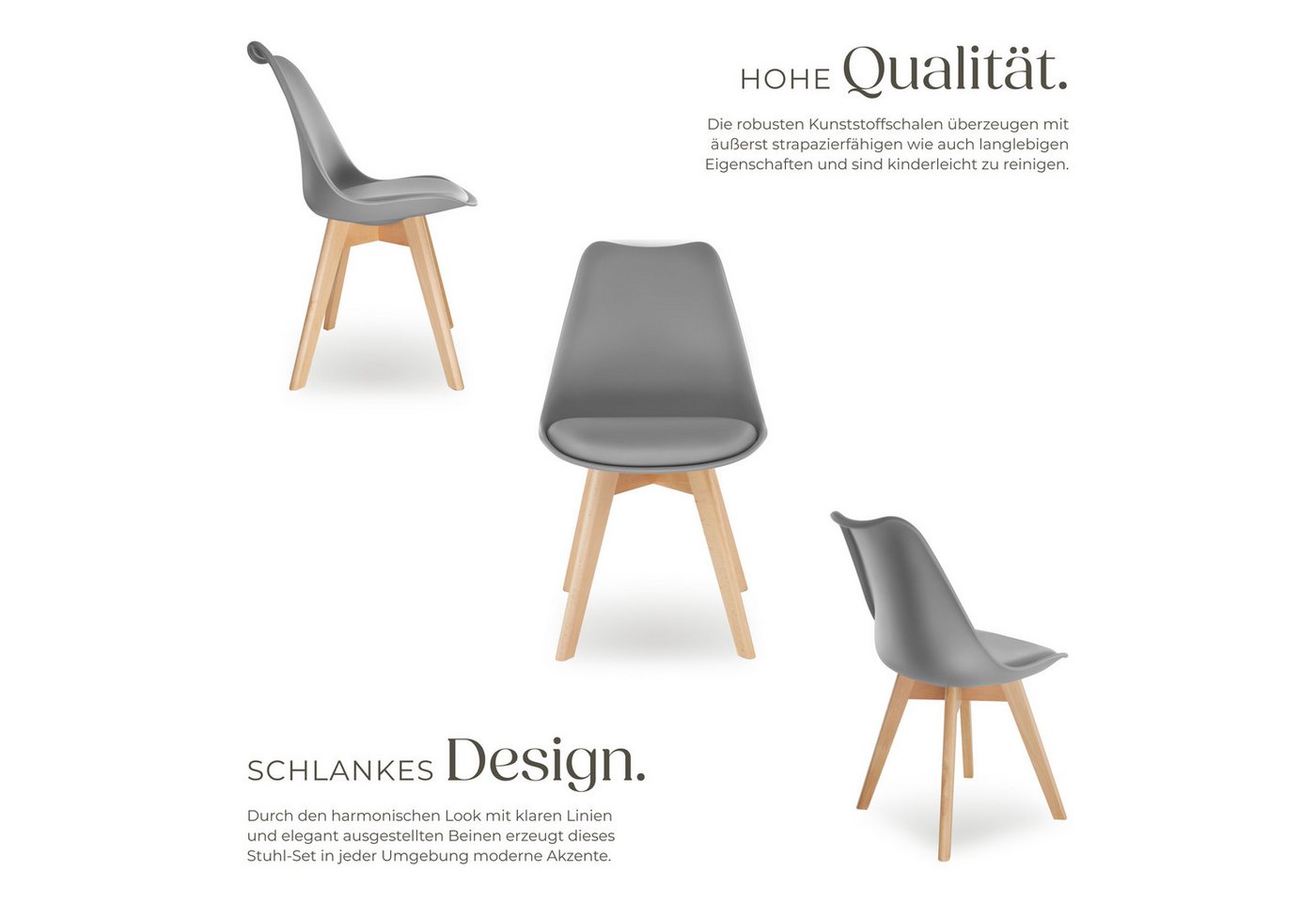 tectake Esszimmerstuhl Küchenstuhl Scandi-Design, gepolsterte Sitzfläche, 49 x 53 x 82 cm (Polsterstuhl Frederikke in grau, 6 St), ergonomische Form, massive Ho – Bild 3 von 5