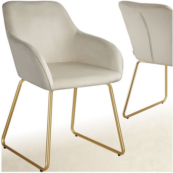 tectake Esszimmerstuhl Polsterseesel in Samtoptik, Belastbarkeit 120 kg, 57 x 61 x 85,5 cm (Küchenstuhl Jeane in Samtoptik creme/gold, 1 St), höhenverstellbare 