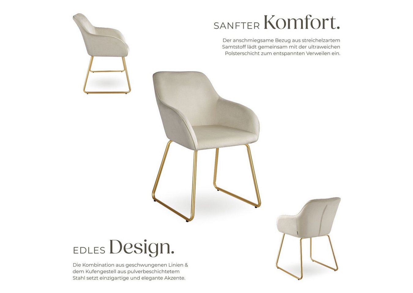 tectake Esszimmerstuhl Polsterseesel in Samtoptik, Belastbarkeit 120 kg, 57 x 61 x 85,5 cm (Küchenstuhl Jeane in Samtoptik creme/gold, 1 St), höhenverstellbare  – Bild 3 von 5