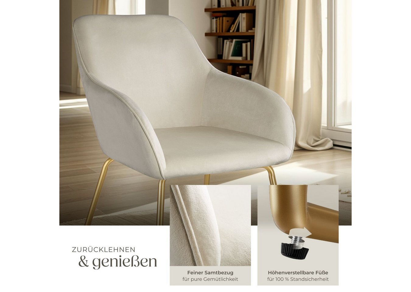 tectake Esszimmerstuhl Polsterseesel in Samtoptik, Belastbarkeit 120 kg, 57 x 61 x 85,5 cm (Küchenstuhl Jeane in Samtoptik creme/gold, 1 St), höhenverstellbare  – Bild 4 von 5