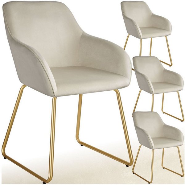 tectake Esszimmerstuhl Polsterseesel in Samtoptik, Belastbarkeit 120 kg, 57 x 61 x 85,5 cm (Küchenstuhl Jeane in Samtoptik creme/gold, 4 St), höhenverstellbare 