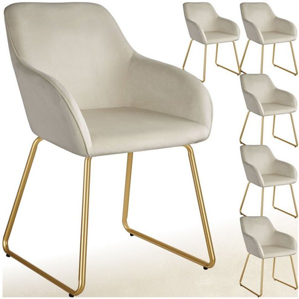 tectake Esszimmerstuhl Polsterseesel in Samtoptik, Belastbarkeit 120 kg, 57 x 61 x 85,5 cm (Küchenstuhl Jeane in Samtoptik creme/gold, 6 St), höhenverstellbare 